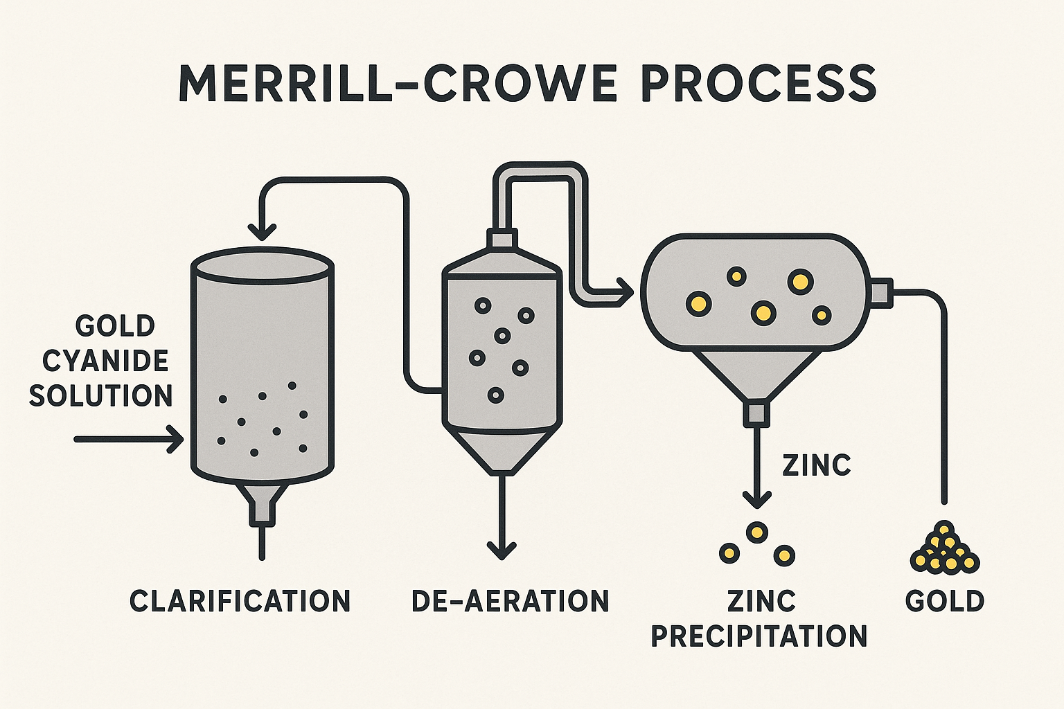 Diagram illustrating the Merrill-Crowe process, showing zinc precipitation, de-aeration, and clarification steps for gold recovery.